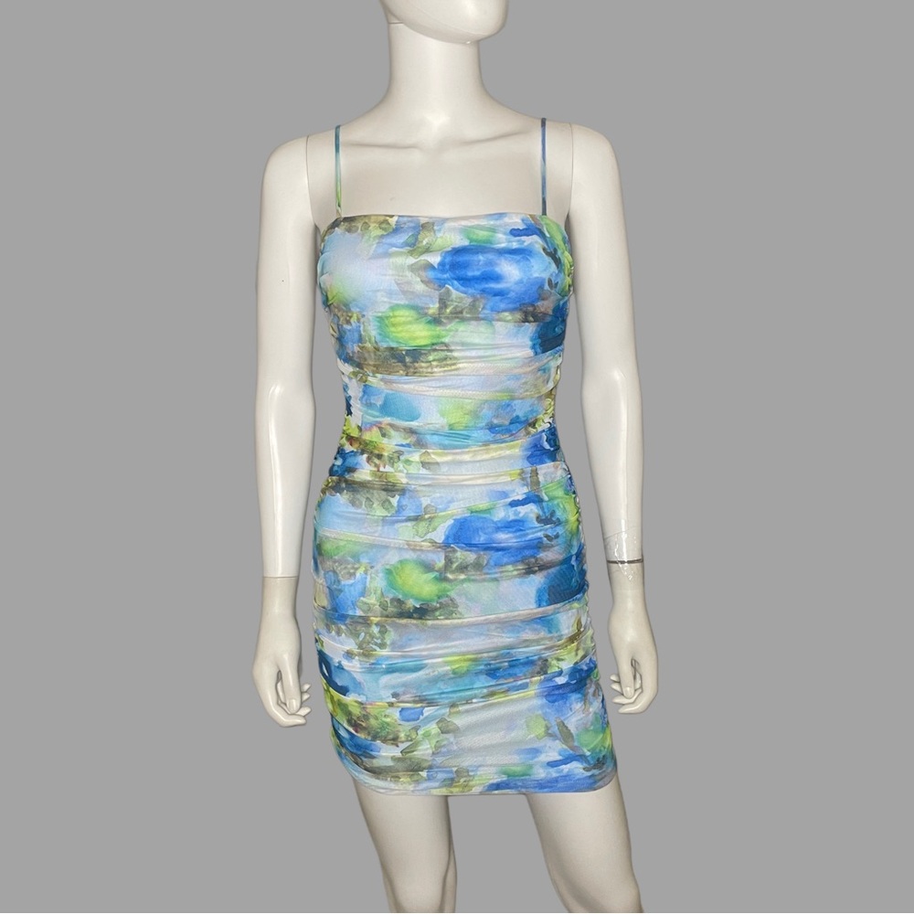 Spaghetti Strap Blue and Green Abstract Print Mini Dress‎